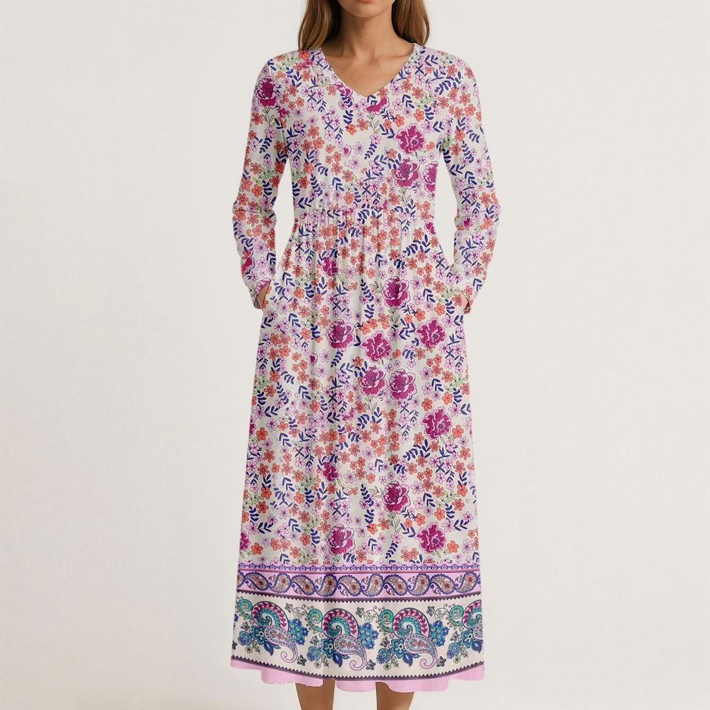Šaty Pro Ženy Dlouhé Boho Plážové Šaty Elegantní Maxi Šaty Výstřih do V Dlouhý Rukáv Šaty s Kapsami