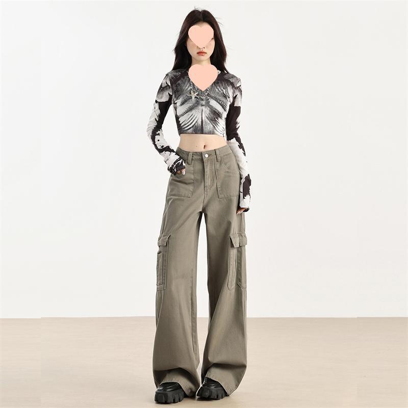 Women's Brown Velvet Wide-Leg Cargo Pants with Multi-Pockets - Spring 2025 Hiking & Casual Wear