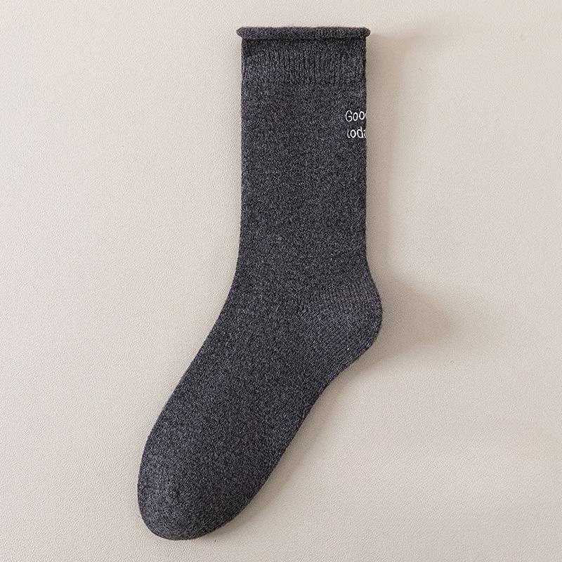 Winter and Autumn Mid-length Wool Socks with Embroidered Rolled Edges, Soft and Warm, Straight and Fluffy Socks, Versatile Socks