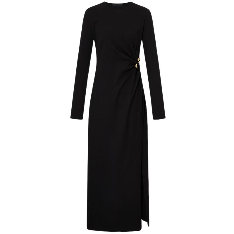 

MO&Co. Spring Round Neck Pleated Black Long Dress L 170