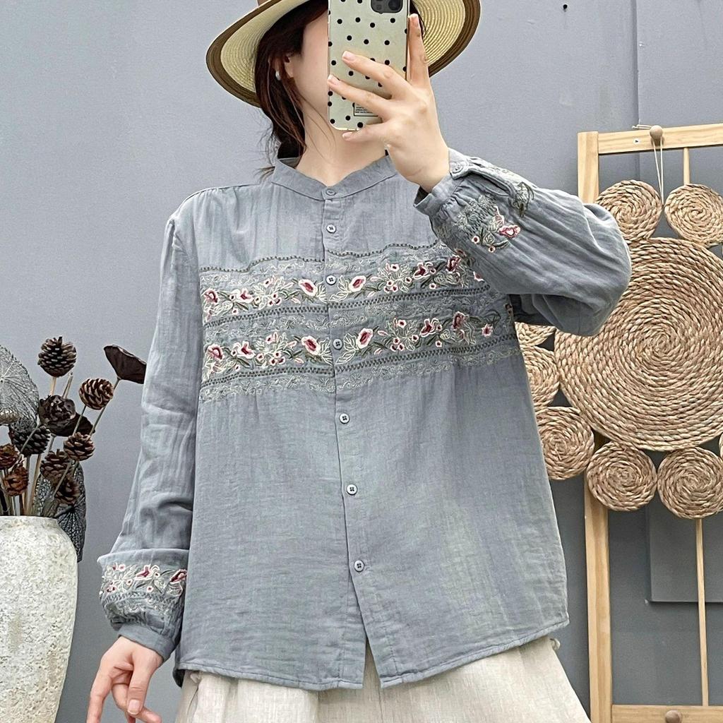 Elegant Retro Cotton Double Layer Gauze Stand Collar Embroidered Long Sleeve Top for Women