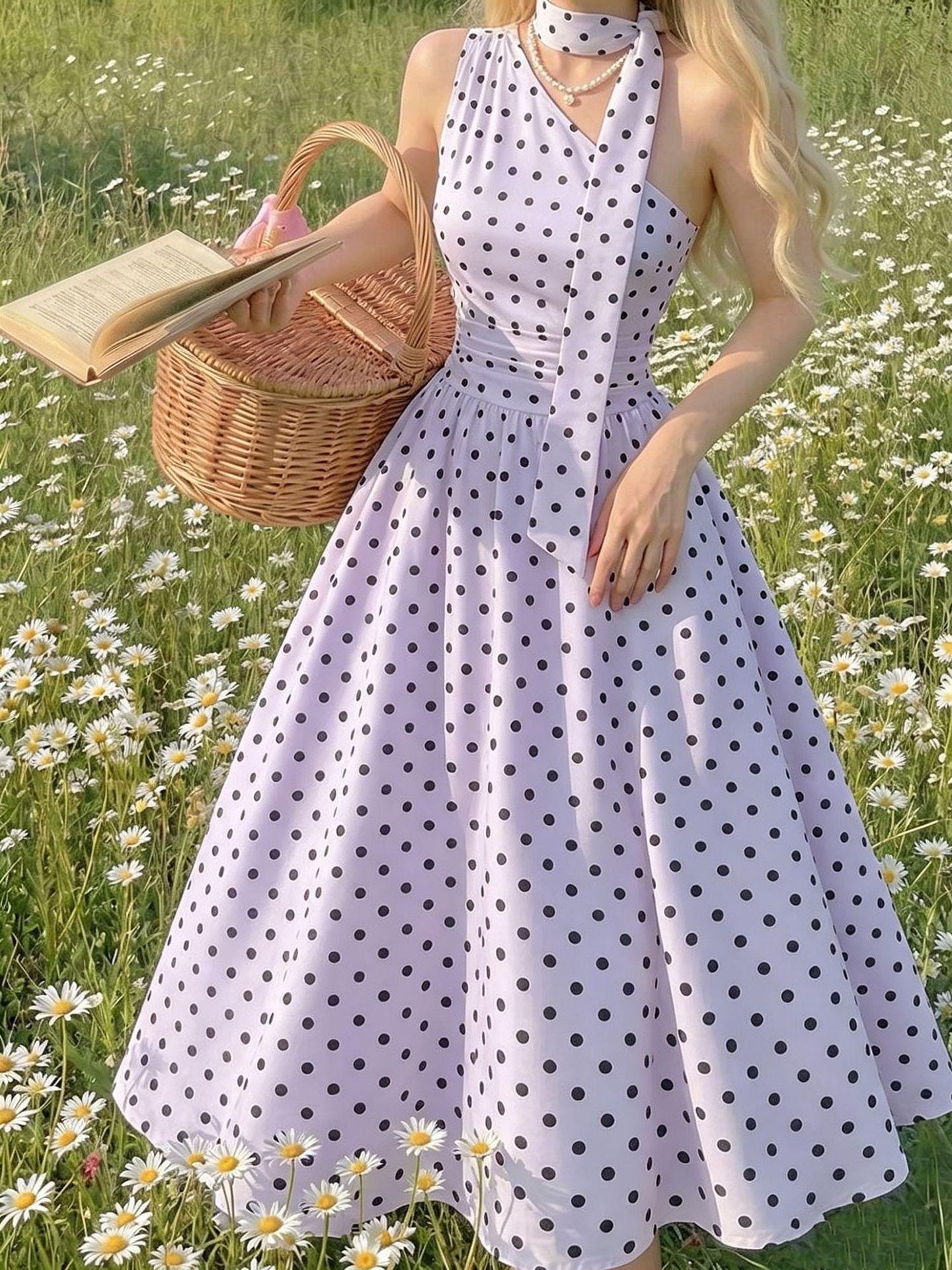 women s French Polka Dot Halter Neck Tie Sleeveless High Waist A Line Midi Dress Retro Elegant Vacation Dress S лавандовый