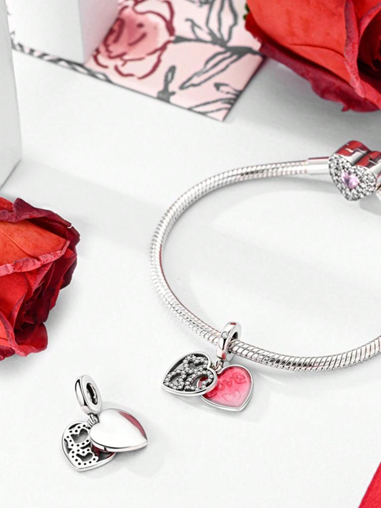 Charms Plata Copper Colors Valentine'S Day Pink Heart Beads Charm Pendant For Original Bracelet For Women Diy Jewelry Love Gift