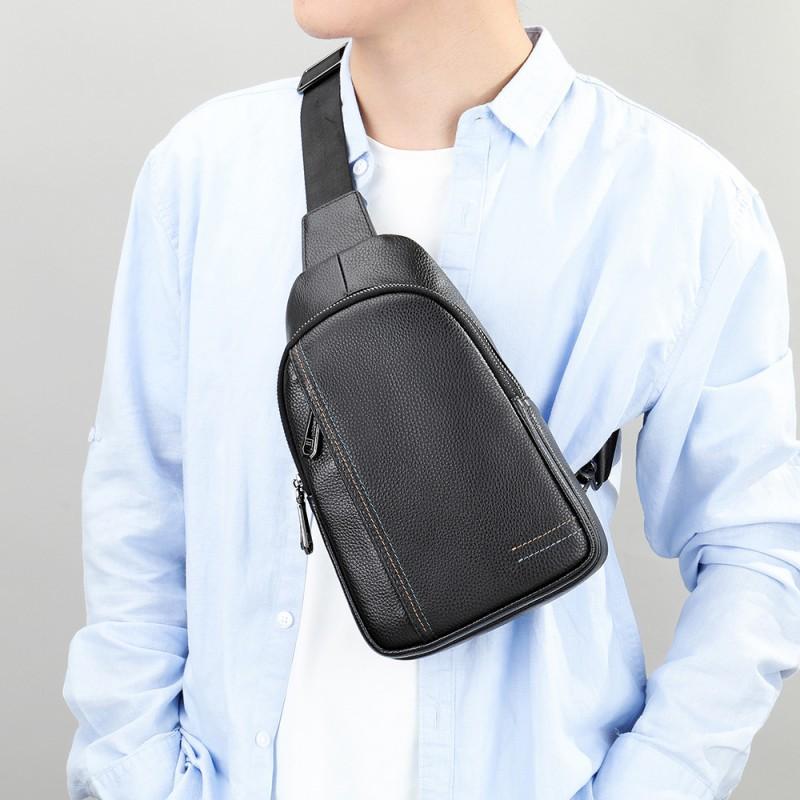 Genuine Leather Men s Chest Toe Bag With Layered Cowhide Casual Travel High-end Diagonal Cross чёрный