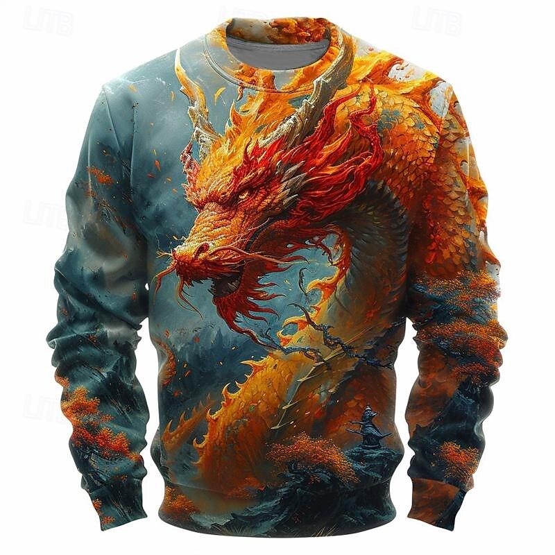 3D Chinese Dragon Graphic Men's Women's Sweatshirt Traditional Cultural Element Vintage Stylish O-Neck Pullover Autumn Loose Top
