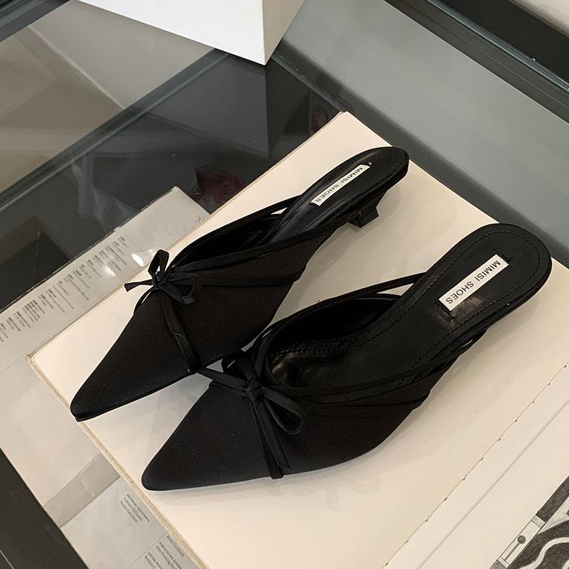 

Fashion Fashion Low Heel Footwear Shallow Pumps Slides Shoes For Women Mules Butterfly-Knot Female Pointed Toe Ladies Heeled Shoes 35 чёрный