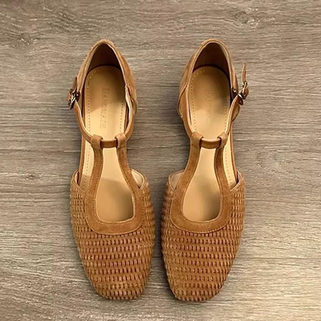 2025 new summer retro woven beautiful Roman sandals women's skirt hollow Mary Jane thick heel bag head single shoes