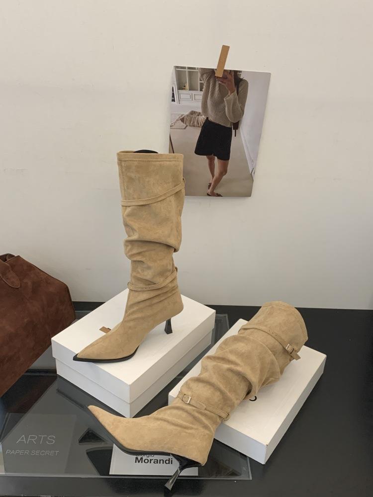 

Korean version of retro pointed thin heel boots women s 2025 autumn and winter new versatile and thin elastic thin boots fashion boots 39 хаки