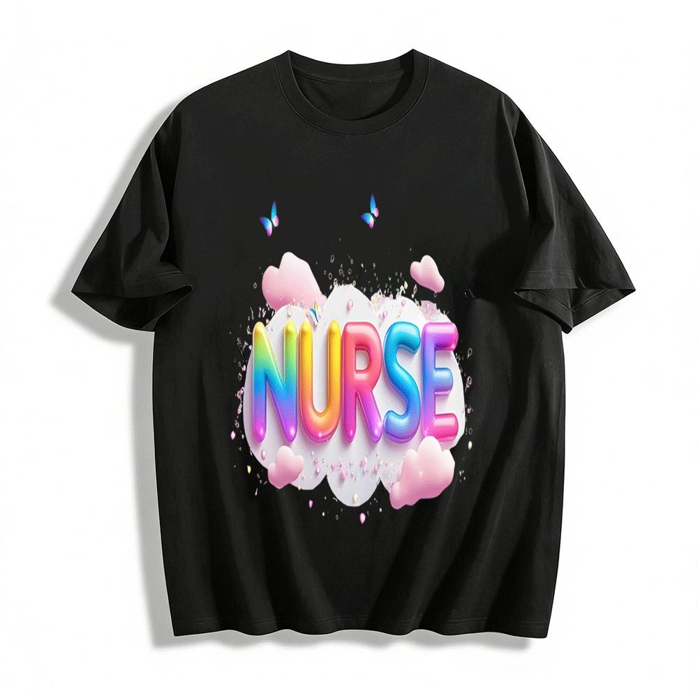 Rainbow NURSE Cloud Print Casual Cozy Nurse Themed Top Pure cotton T-shirt XXS