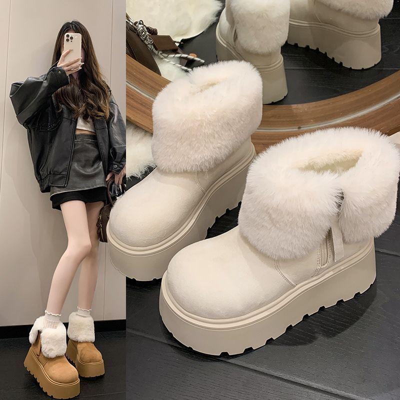 Thick-soled heightening fleece warm Birkenstocks white snow boots new winter plush short cotton shoes