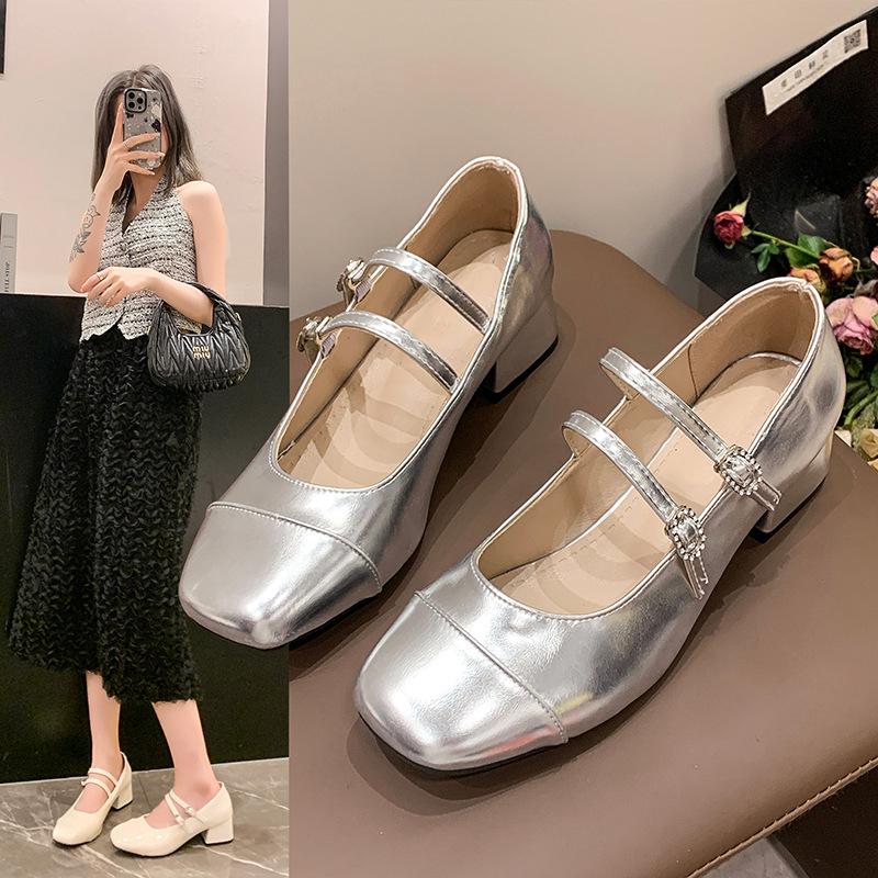 French Small Fragrant Style Square Head Thick Heel Summer New Women's Outer Wear Light Mouth One-word Buckle Belt Fashionable and Comfortable Si
