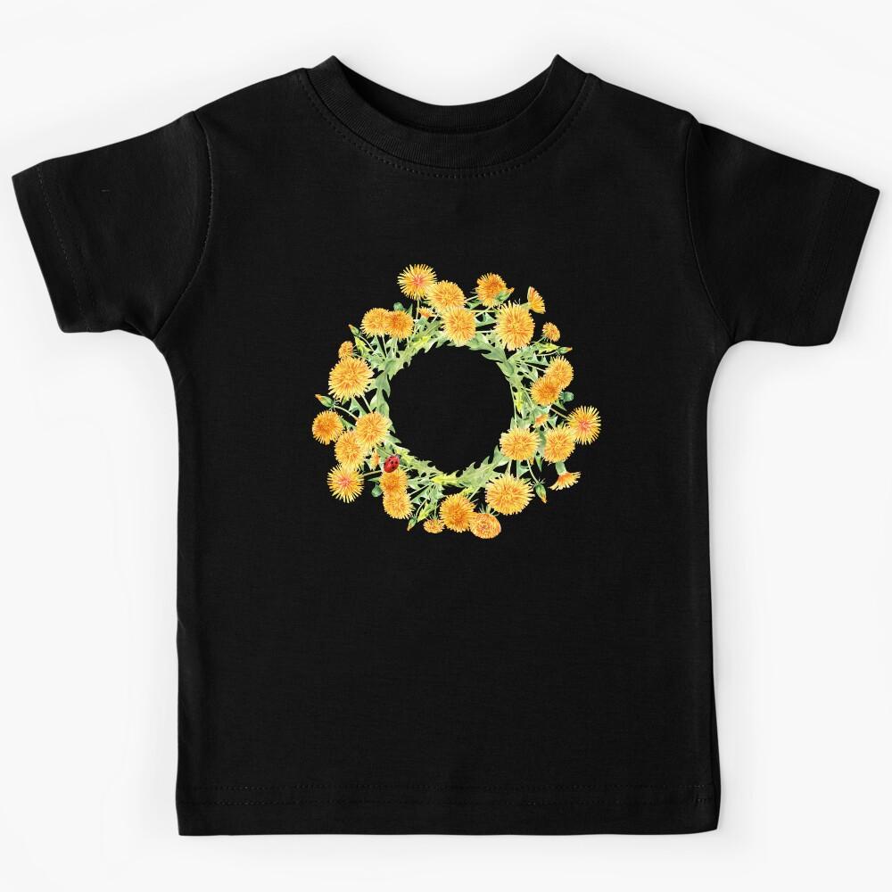 Yellow Dandelion Floral wreath with a cute ladybug Kids T-Shirt 110