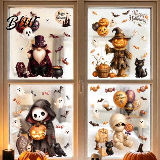 Waterproof Pumpkin Ghost Murals 4Pcs Halloween Cartoon Window Clings Scarecrow Stickers Fall Festival Ornaments Removable Decals for Home Storefront