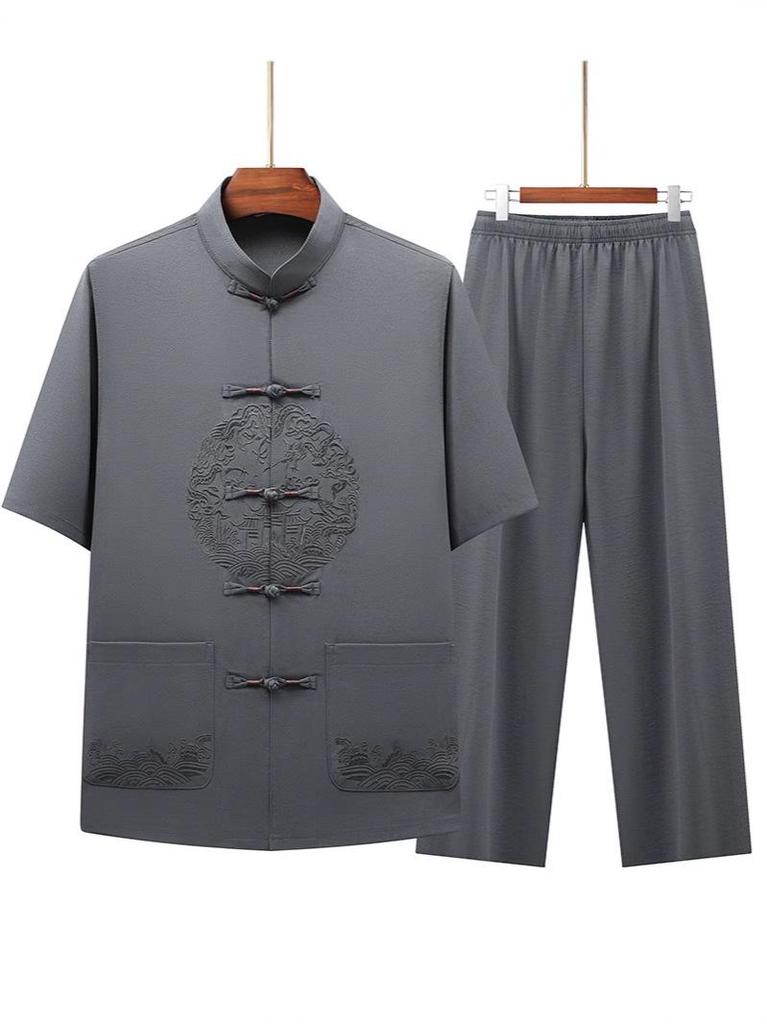 Men's Chinese Style Ice Silk Tang Suit: Two-Piece Summer Set with Short Sleeves and Long Pants for Middle-Aged and Elderly