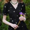 Elegant Contrast V-Neck Embroidered Mini Dress
