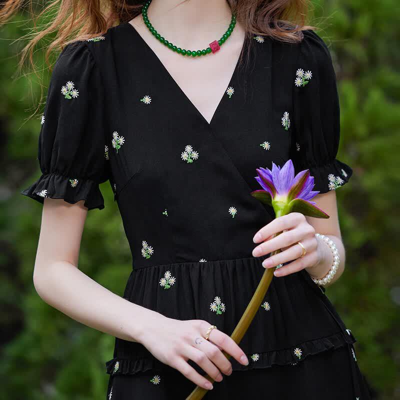 Elegant Contrast V-Neck Embroidered Mini Dress