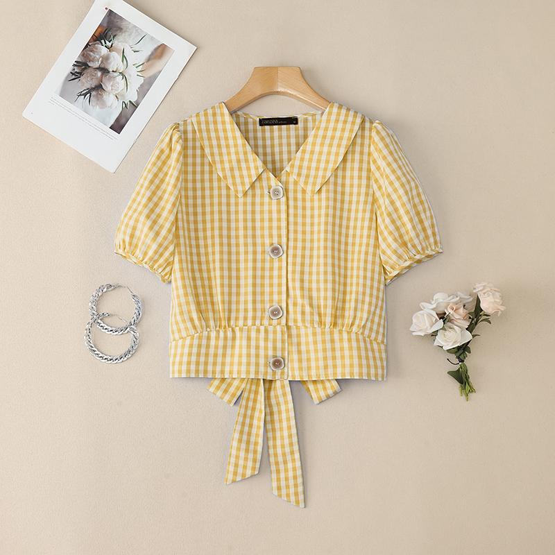 

ZANZEA Women Summer Turn Down Collar Short Sleeve Plaid Print Blouse 5XL хаки