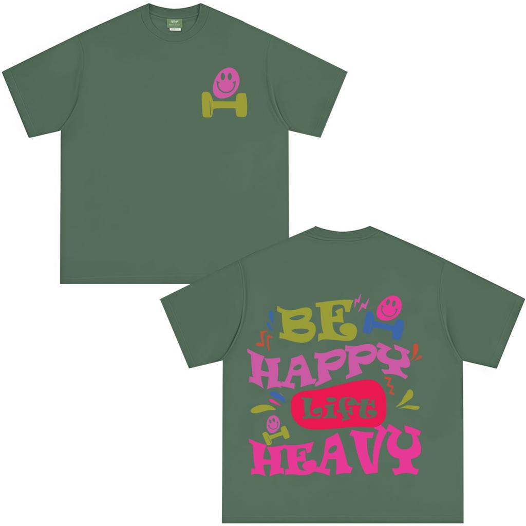Be Happy Lift Heavy Colorful Bubble Font Dumbbell Smile Graphic TShirt Tees Unisex Unisex Aesthetic Trend Fashion Cotton Tshirts