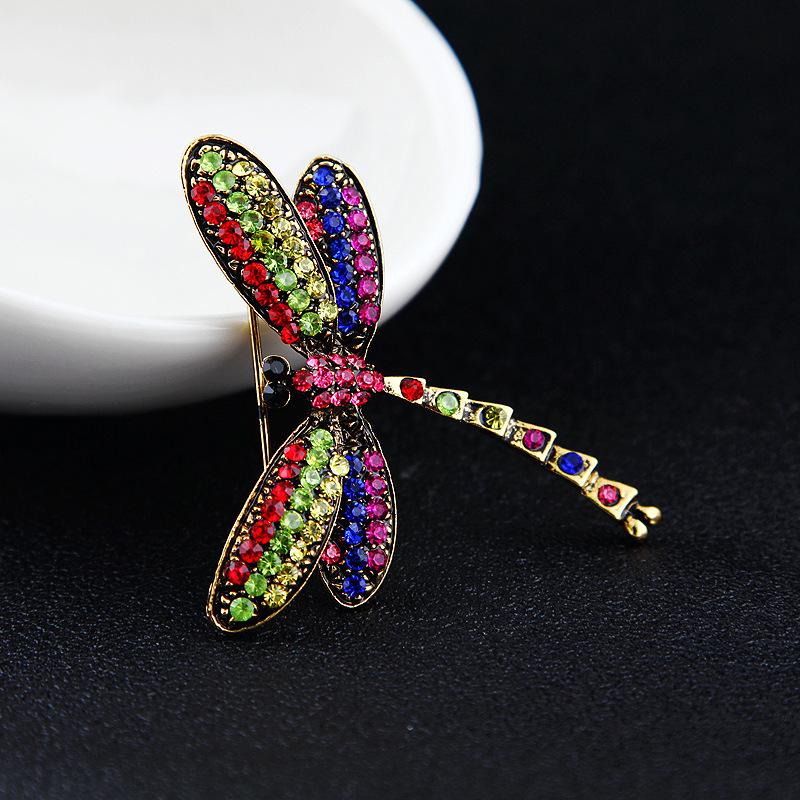 Bronze Dragonfly Brooch with Multicolor Rhinestones - Retro European and American Style