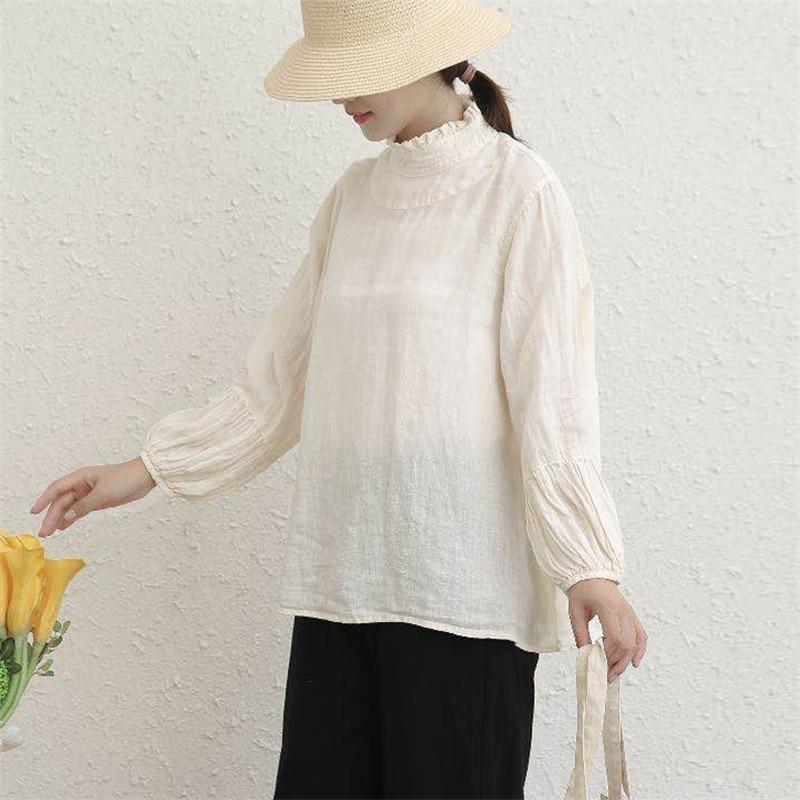 Johnature Herbst Leinen Damen Tops Blusen Vintage Einfarbig Lose Weibliche Shirts