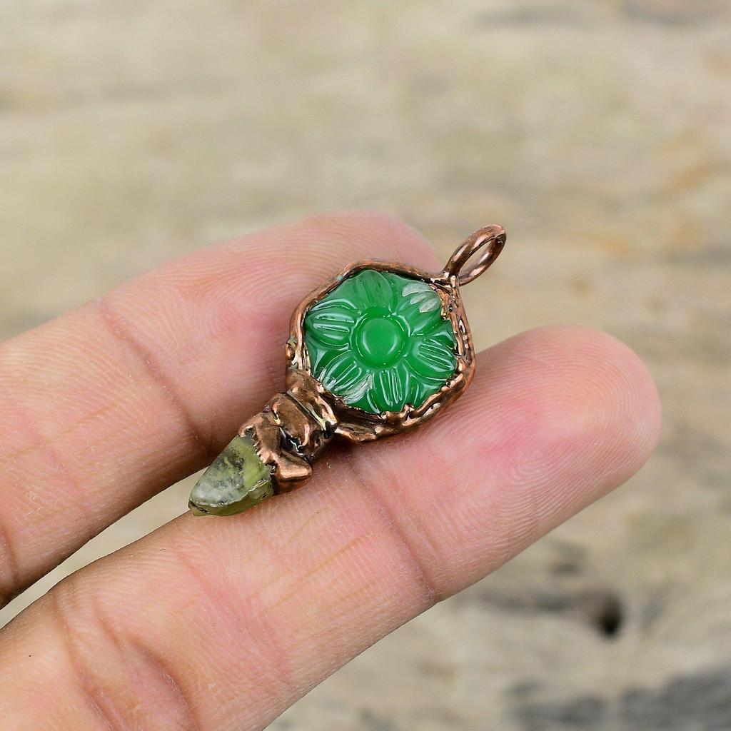 Carved Green Onyx Pendant Electroformed Copper Pendant Green Tourmaline Rough Gemstone Pendant Electroformed Jewelry Handmade Decent Pendant