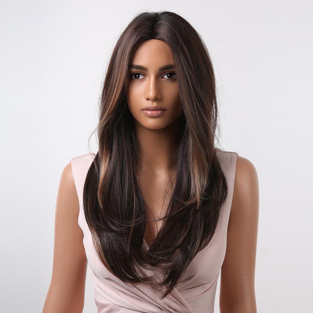 Long Wavy Brown Layered Wigs Blonde Highlight Hair Wigs for Black Women Heat Resistant Cosplay Synthetic Wigs