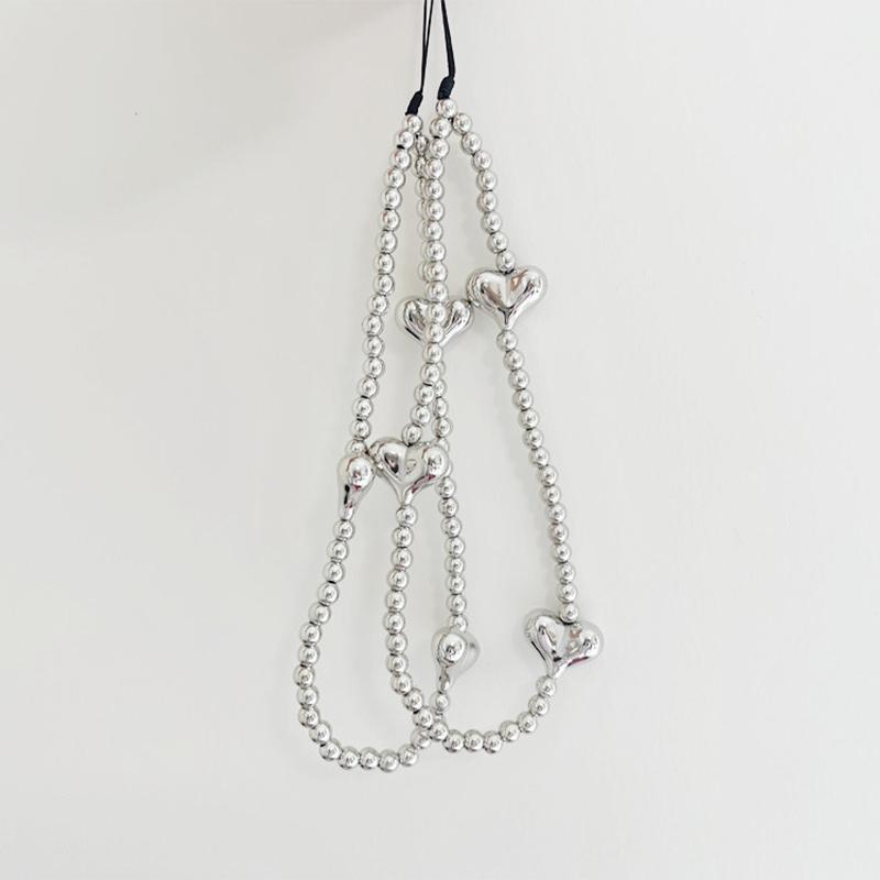 Ins Y2K Silver Love Heart Bowknot Phone Charm Strap Bead Pendant For Phone Accessories Hanging Rope Girl Jewelry