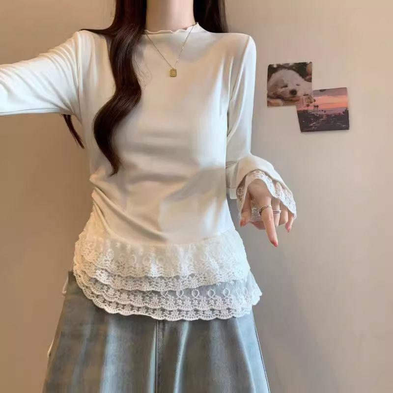 2026 Korean Style Lace High-Neck Long Sleeve T-shirt - Casual, Versatile Base Layer for Spring & Autumn