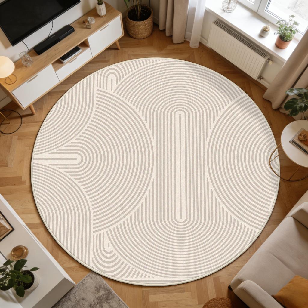 Light Beige Minimalist Lines Living Room Round Rug Decoration Bedroom Office Fluffy Carpet Easy Clean Soft Tables Chairs Mats