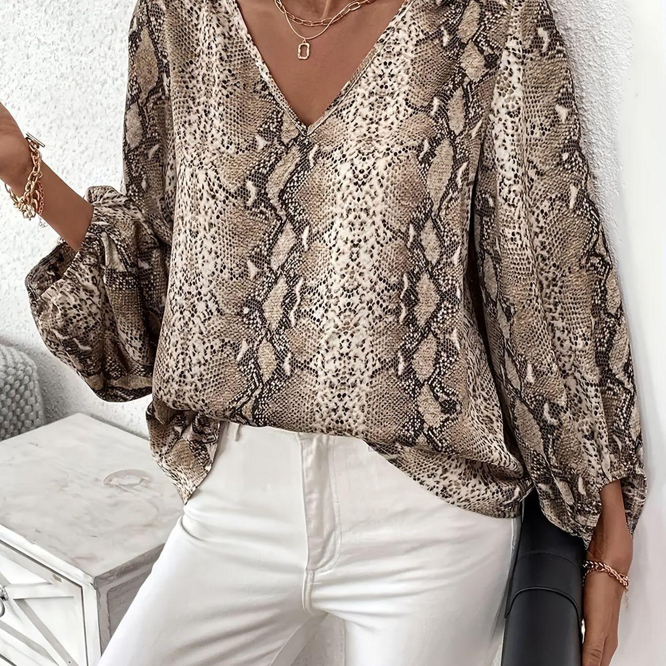 

Plus Size Snake Print V-Neck Lantern Sleeve Shirt 5XL хакі