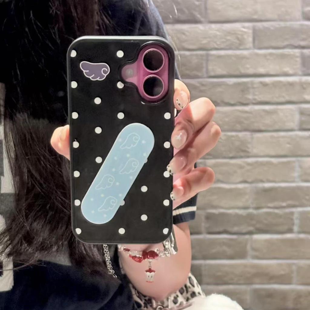Korean Polka Dot Wings Band-Aid Bracket for iPhone16/17Pro Mobile Phone Case 14 Matte 15 Girl 13