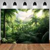 2D Flat Printing Tropical Rainforest Tapestry with Lush Palm Trees, Misty Mountains and Sunlight