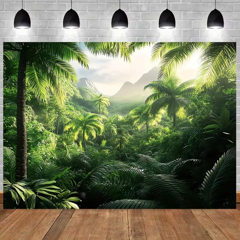 2D Flat Printing Tropical Rainforest Tapestry with Lush Palm Trees, Misty Mountains and Sunlight