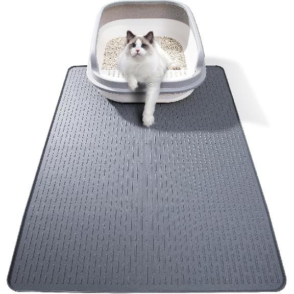 Silicone Cat Litter Mat, 28x20 in Waterproof Litter Box Mat Cats Feeding Mats with Raised Edges, Quick Clean Desig (Grey) 28 L x 20 W
