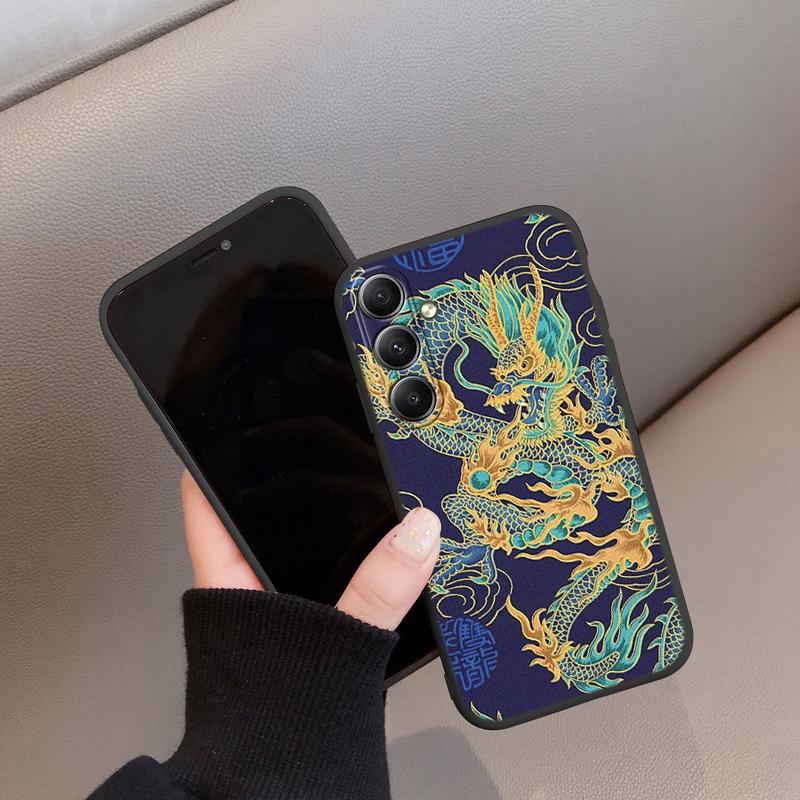 Chines Loong Patterned Soft Silicone Black Case For Xiaomi Redmi Note 13 Pro 13C Poco C65 Samsung A55 S24 iPhone Camera Protective Shockproof Cover