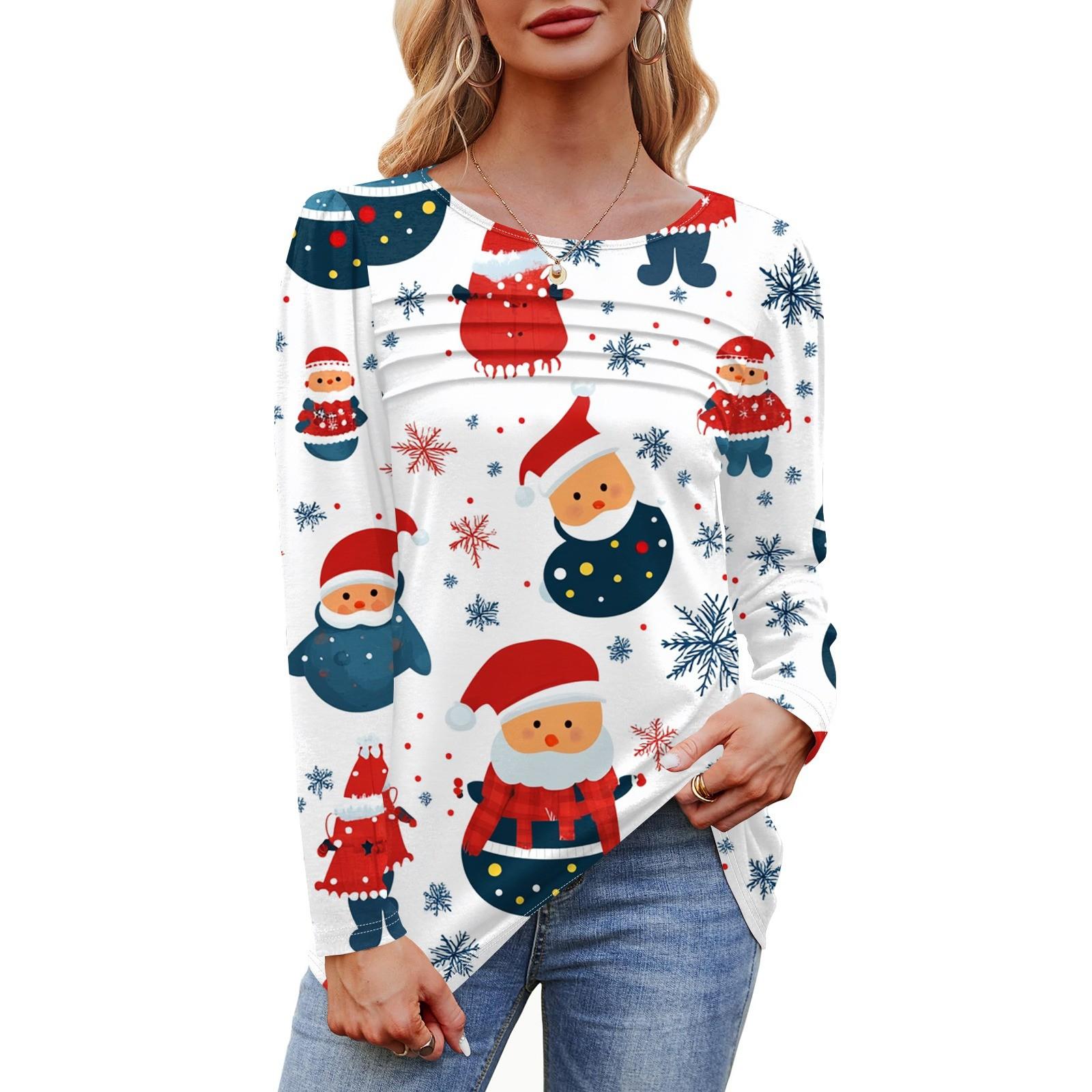 

Женская футболка с круглым вырезом и длинными рукавами с принтом рождественской елки и снежинки S белый