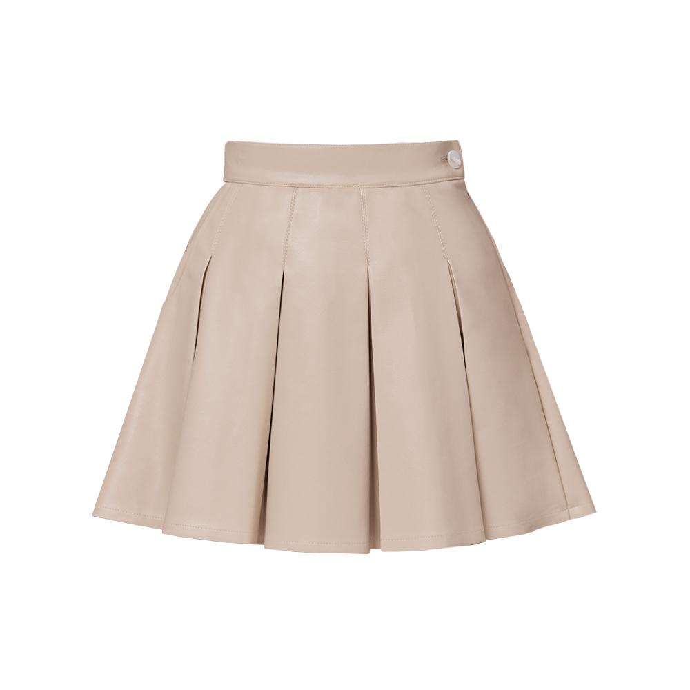 J Jane Wide Pleated Leather Skirt (Beige)