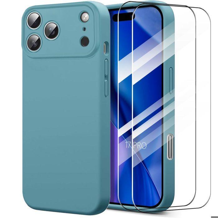 Coque de Protection - BOOLING - iPhone 17 Pro - Silicone Souple Antichoc Vert Bleu - 2 Verre Trempé