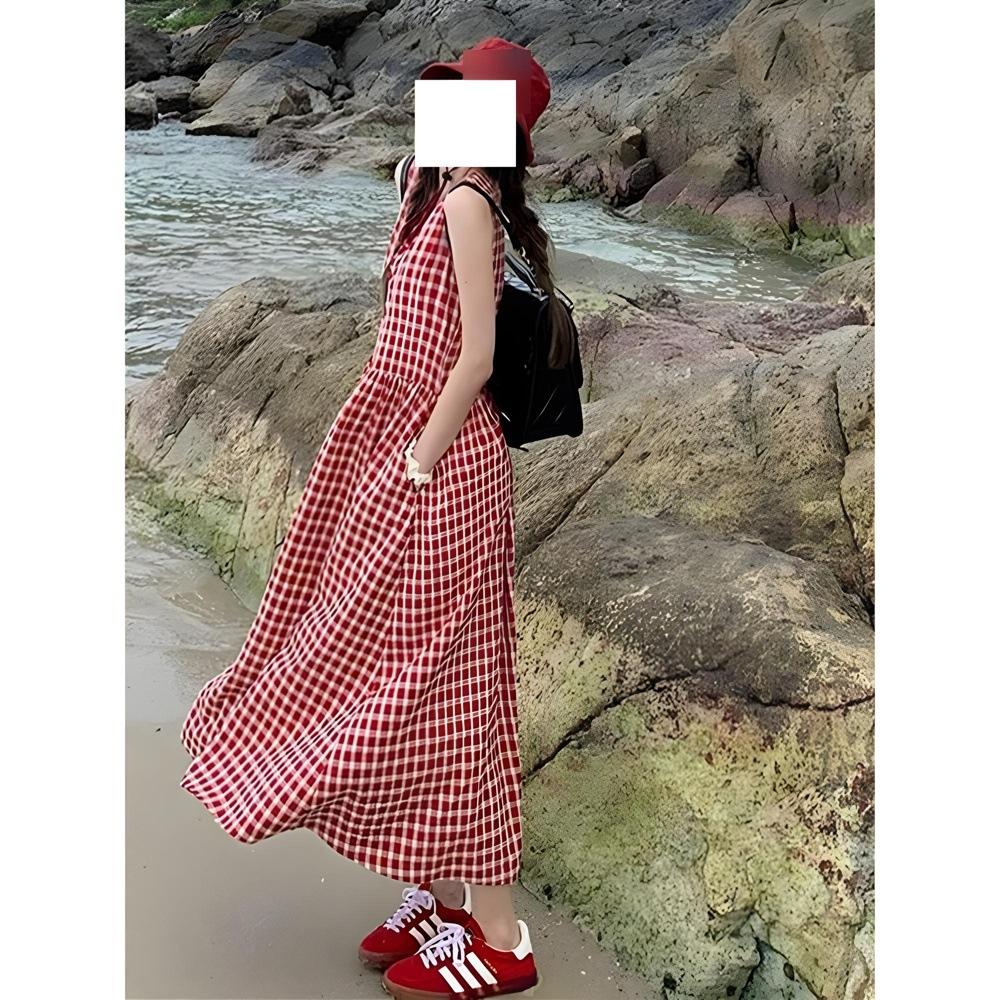 Red plaid sleeveless vest dress women's summer elegant new loose single-breasted lazy style dress
