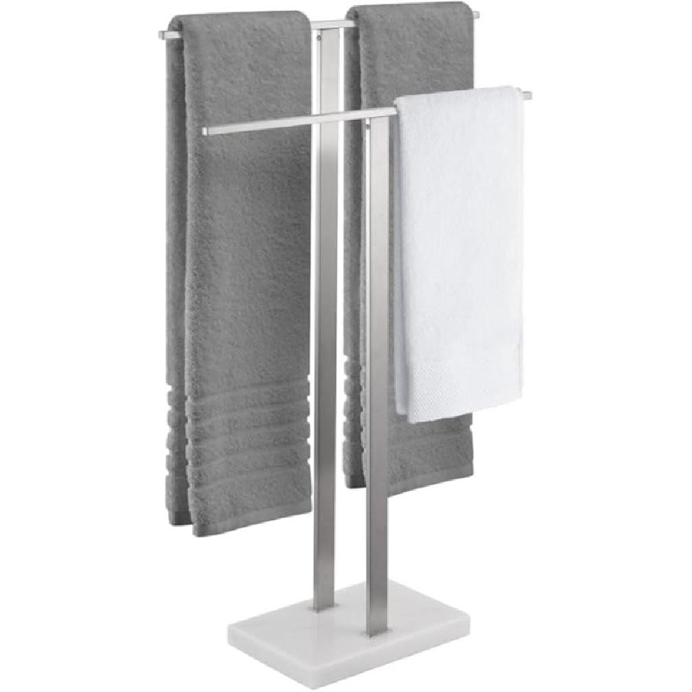 Gold,WEIDPHL Tall Standing Towel Rack, Double-T Shape Tall Bath Towel Sheet Holder with Marble Design Base, 2-Tier Towel Stand for Bathroom Floor,