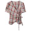 Women's Plaid V-neck Puff Sleeve Short Top