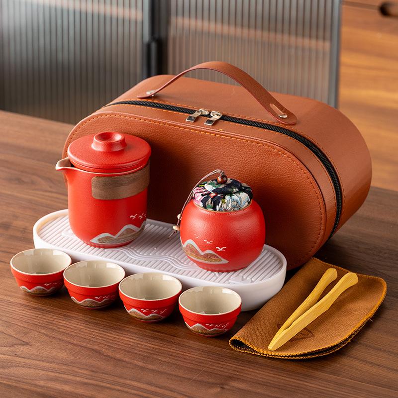 Hand-painted distant mountain travel Guochao Kuaike cup, one pot of four cups, light luxury business travel tea set, high-end souvenir