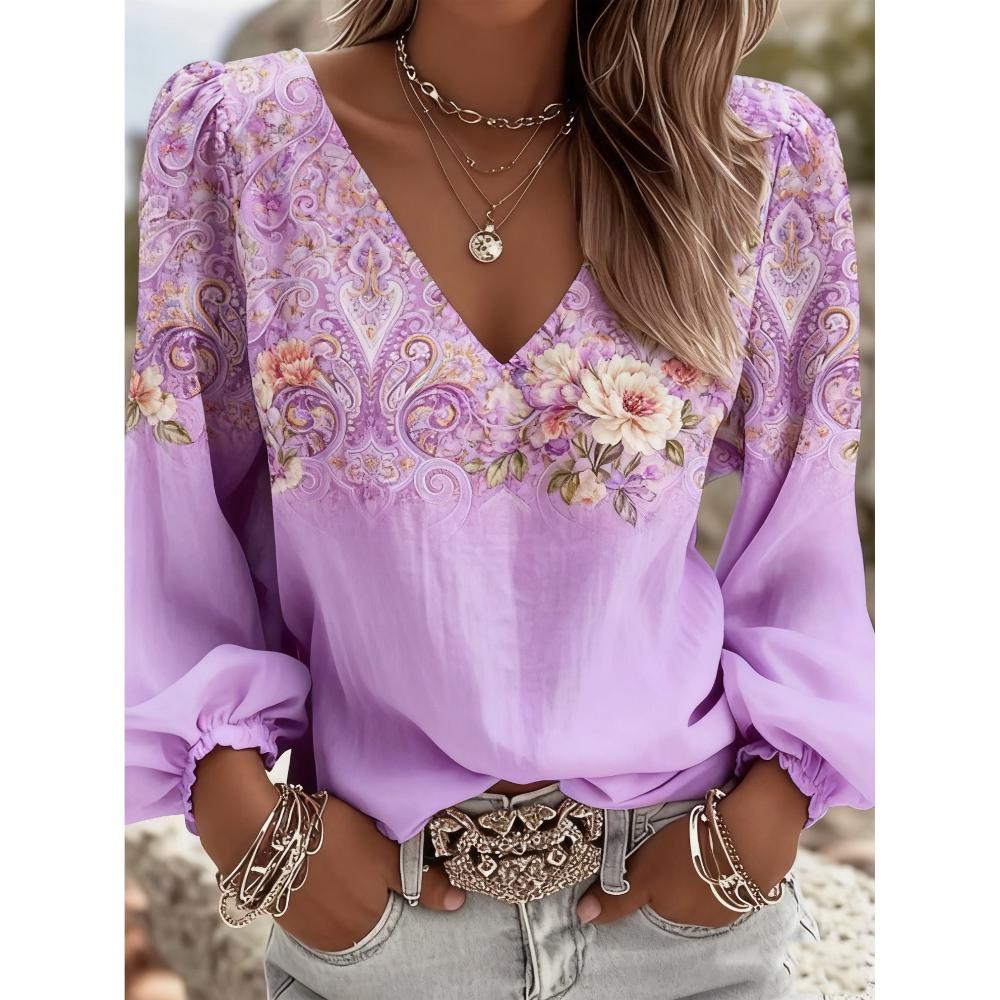 Retro western-style printed lantern sleeves, V-neck women's long-sleeved shirt, suitable for all seasons