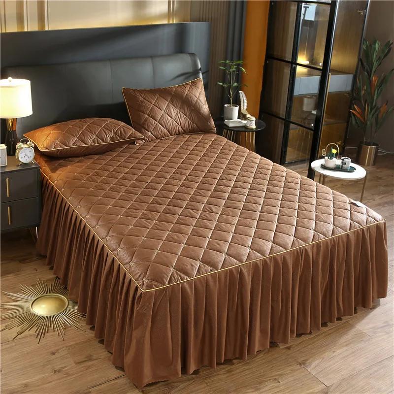 Luxury Quilted Bed Skirt Winter Warm Thicken Velvet Bedspread King Good Hand Feeling Bed Cover Not Included Pillowcase