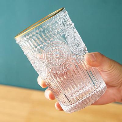 INS Style Sunflower Embossed Gold Rim Glass Tumbler