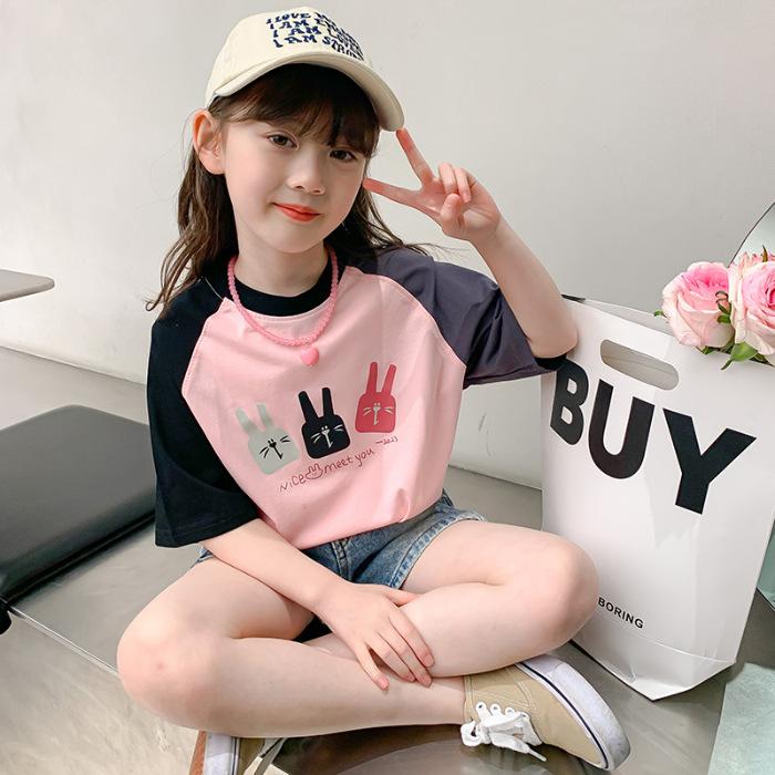 Girls Summer Fashion Raglan Sleeve T Shirt Stylish Kids Casual Short Sleeve Top 110