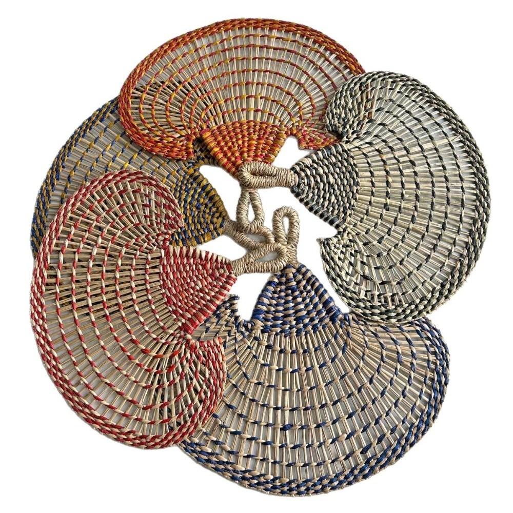 Bohemian Hand-woven Straw Fan Vintage Cattail Fan Hand Cranked Fan Summer Cooling Fan  Outdoor