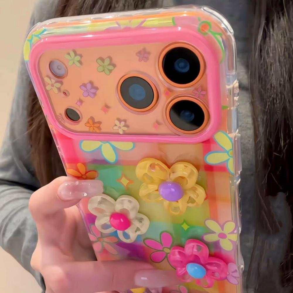Korean Style Ins Dopamine Colorful Checkered 3D Flower iPhone 17 Pro Max Case for Apple 15 Pro 14 13 16 Women Unique Full Cover