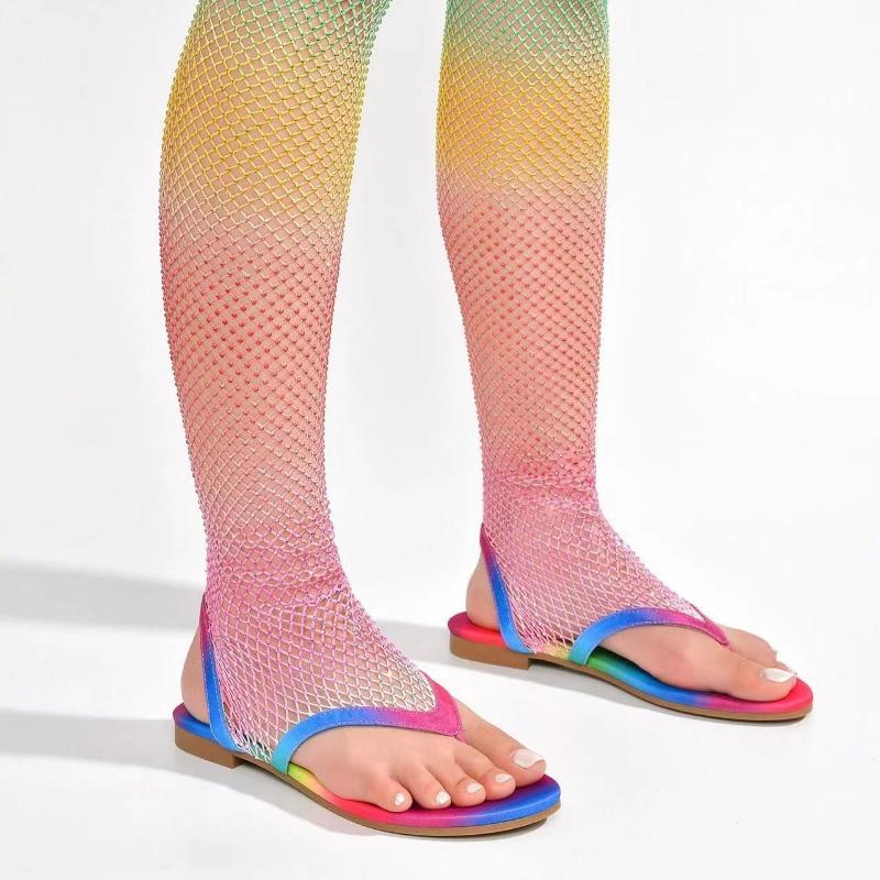 Fashion Women Summer 2024 New Sexy Flat Bottomed Round Toe Mesh Hollowed Out Rhinestone Knee Length Socks Boots Women Flip Flops Sandals
