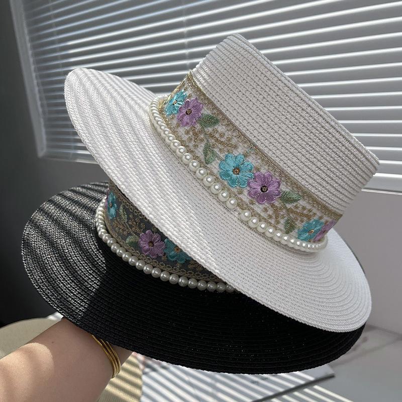 French elegance pearl flat top top hat women's spring summer vacation seaside sun hat straw hat flat edge hat